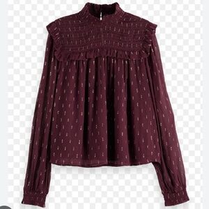 NWT Scotch and Soda Smocked Maroon Blouse with Gold Sparkles